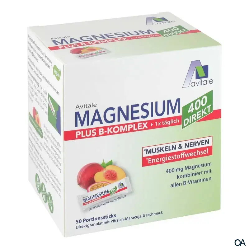 Avitale Magnesium 400 + B-Komplex direkt Pfirsich-Maracuja Direktgranulat Sticks Avitale Magnesium 400 + B-Komplex direkt Pfirsich-Maracuja Direktgranulat Sticks