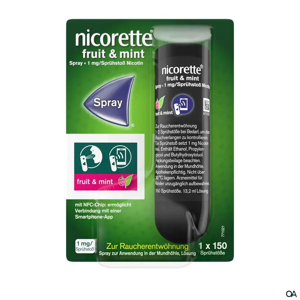 Nicorette® Fruit & Mint Spray 1 mg/Sprühstoß Spray zur Anwendung in der Mundhöhle, Lösung