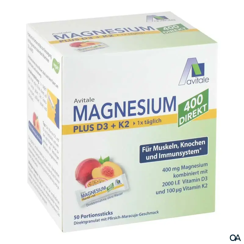 Avitale Magnesium 400 + D3 + K2 direkt Pfirsich-Maracuja Direktgranulat Sticks Avitale Magnesium 400 + D3 + K2 direkt Pfirsich-Maracuja Direktgranulat Sticks