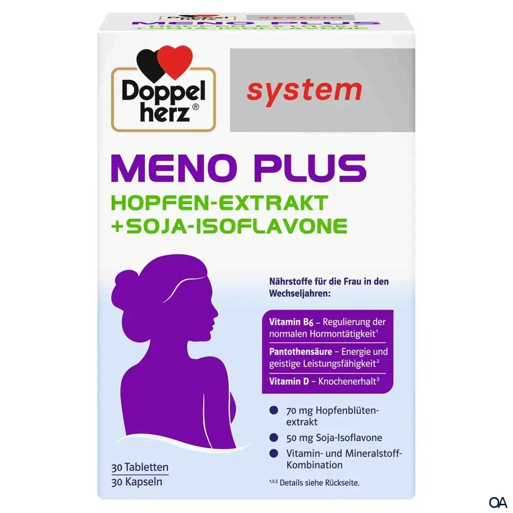 Doppelherz system MENO PLUS Hopfen-Extrakt + Soja-Isoflavone (30 Tabletten + 30 Kapseln) Doppelherz system MENO PLUS Hopfen-Extrakt + Soja-Isoflavone (30 Tabletten + 30 Kapseln)