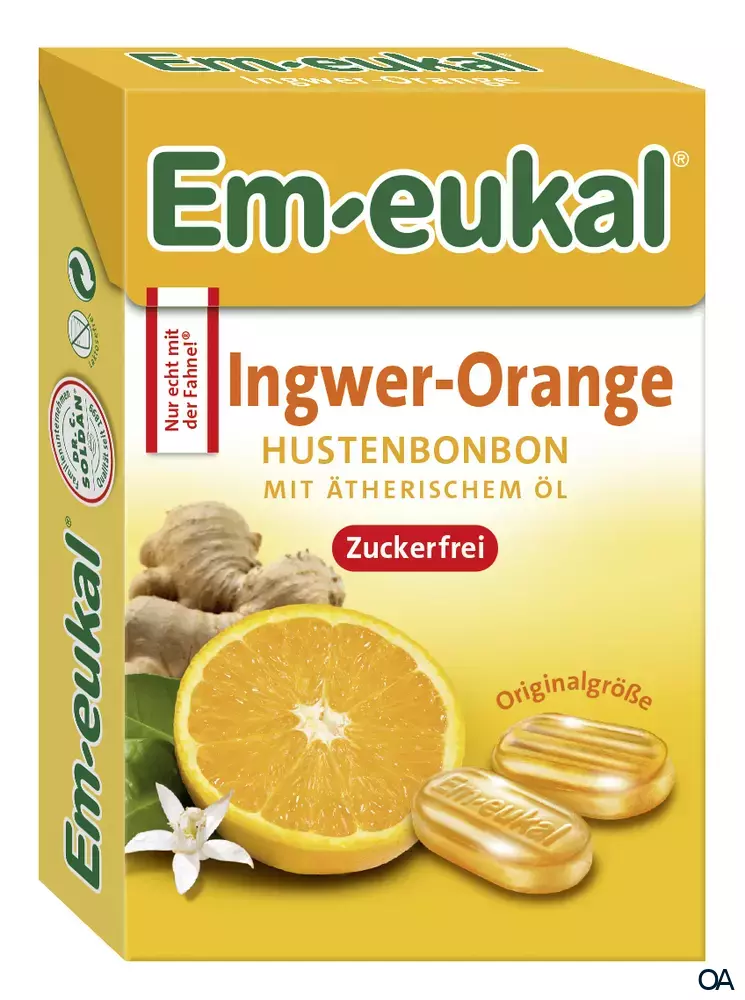 Em-eukal Ingwer-Orange Hustenbonbons Box, zuckerfrei