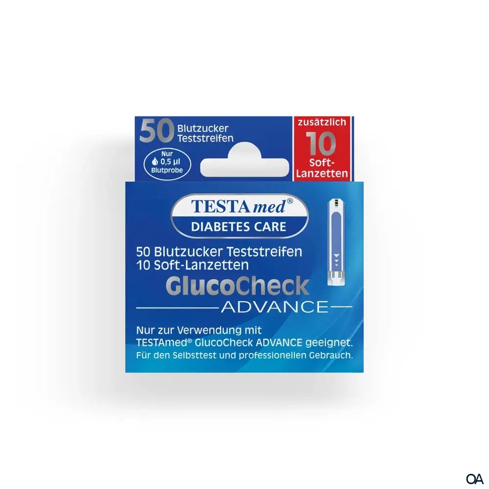 TESTAmed® DIABETES CARE GlucoCheck Advance Blutzuckerteststreifen + 10 Soft-Lanzetten TESTAmed® DIABETES CARE GlucoCheck Advance Blutzuckerteststreifen + 10 Soft-Lanzetten