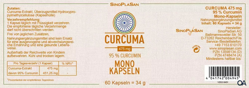 SinoPlaSan Curcuma - 95% Curcumin Mono Kapseln