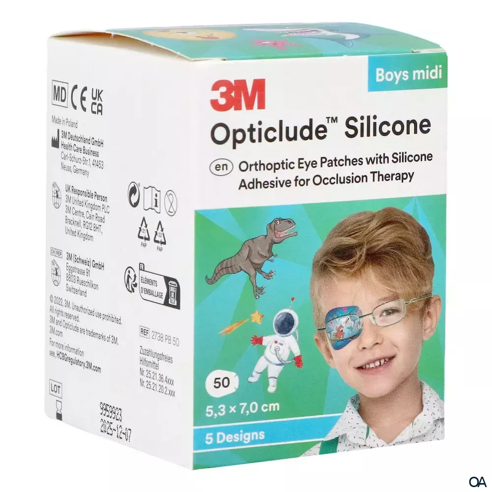 3M™ Opticlude™ Silicone Augenpflaster 2738 PB, Midi, Jungen, 5,3 cm × 7 cm 3M™ Opticlude™ Silicone Augenpflaster 2738 PB, Midi, Jungen, 5,3 cm × 7 cm