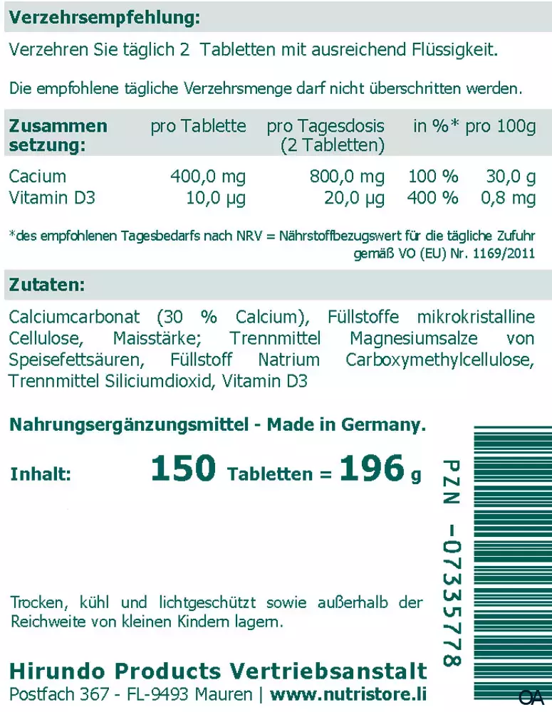 The Nutri Store Calcium + Vitamin D3 Tabletten