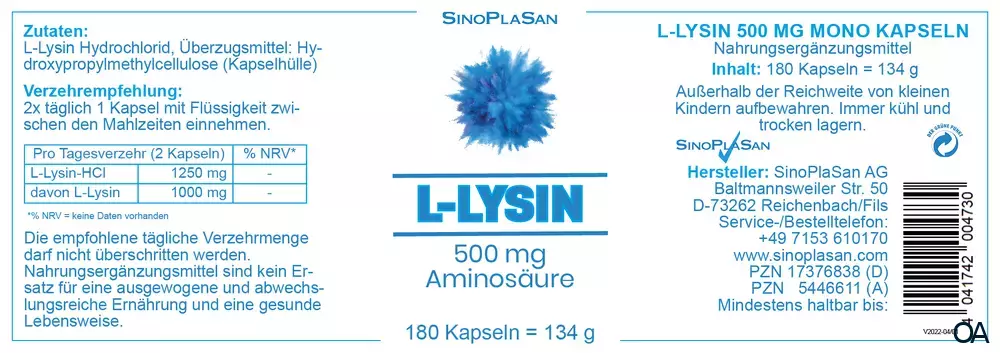 SinoPlaSan L-Lysin 500 mg MONO Kapseln